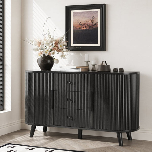 English Elm Sideboard Fluted Credenza with Three Drawers Two Doors Matte Black Modern Storage Black T3773P417309