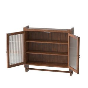 English Elm 24.8"Glass Vintage Double Door Wall Cabinet Brown with 3-Tier Solid Wood Shelves, Glass Panels & Towel Rack W757P170144