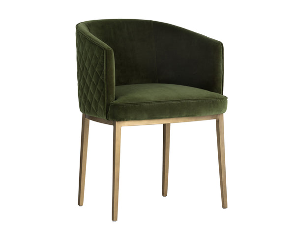 Sunpan Cornella Dining Armchair - Elegant Modern Design with Antique Brass Frame and Diamond Stitching Detail Forest Green