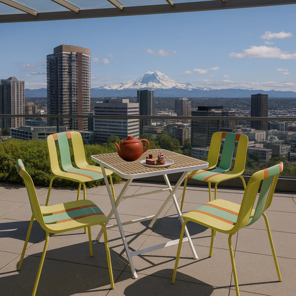 English Elm 4-Pack Modern Striped Color Block Chairs with 55" Long Table — Waterproof PP Seats, Rustproof Metal Frame Grain Yellow,Haze Green,khaki,Tropical Orange,White W3450S00041