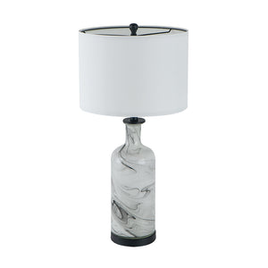 English Elm 14x14x28.5" Sarris Tall Glass Table Lamp - Gray & White Swirl Elegance with Linen Drum Shade, Modern Accent W2078P324067