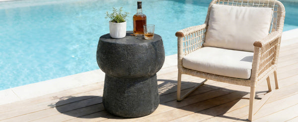 English Elm U_style Outdoor Concrete Accent Table Sculptural Double Barrel Mgo Weathered Patio Stool Black N711P422075B