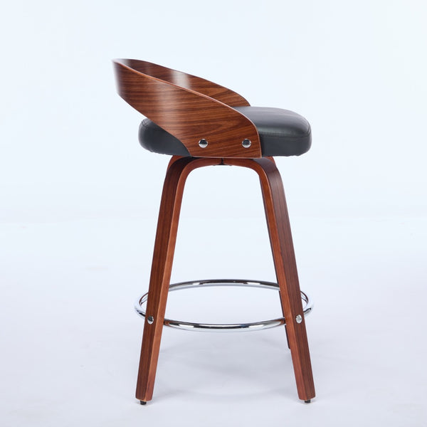 English Elm Bar Stools Set of 2 Mid-century Swivel Walnut Wood Frame with Cushioned Seat Black Pu W1143P173431