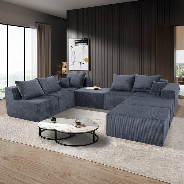 English Elm 8-Piece Modular U-Shaped Sectional Sofa with Oversized Chaise and Bed, Corduroy Luxury, No Assembly Needed Grey W3163S00041