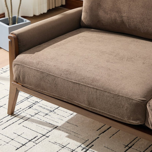 English Elm Mid-century Modern Boucle Upholstered Three Seat Sofa with Walnut Finish Wood Legs Dark Brown N773P411407D