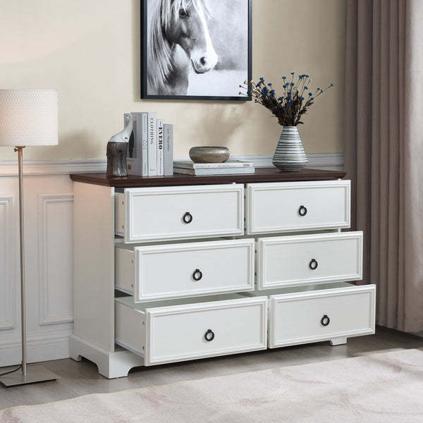 English Elm Modern 6-Drawer Chest of Drawers for Bedroom — Spacious Wooden Dresser with Smooth Glide Drawers, Elegant Patterned Top White W2275P224405