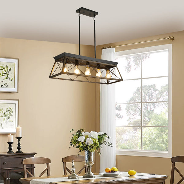 English Elm 32" Black Gold Industrial 5-Light Pendant Chandelier - Adjustable Metal Cage Farmhouse Lighting for Kitchen, Dining, Living Room W2312P368669
