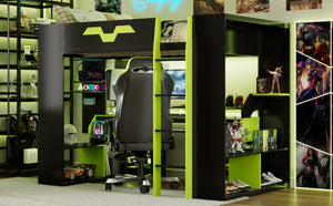 English Elm Full Size Gaming Loft Bed with Rgb Lighting Built-in Desk and Usb Charging Ports Green LT000275AAF