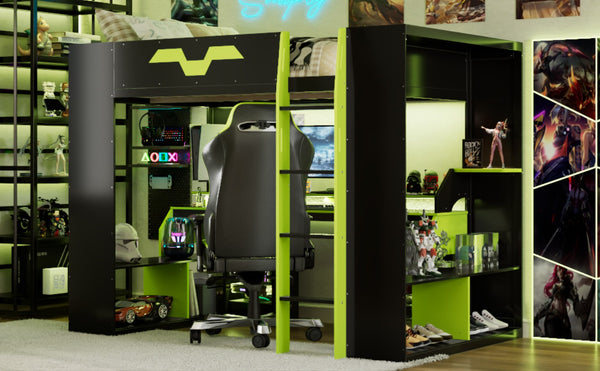 English Elm Full Size Gaming Loft Bed with Rgb Lighting Built-in Desk and Usb Charging Ports Green LT000275AAF