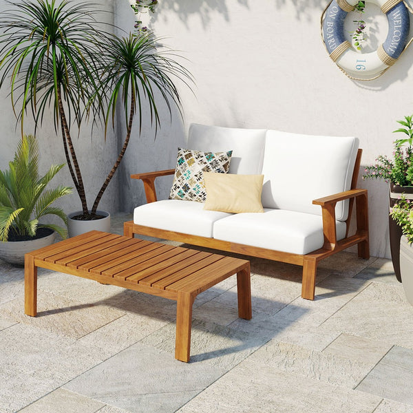 English Elm 2 Piece Acacia Wood Outdoor Sofa Set with Coffee Table and Weather Resistant Cushions Teak,White N719P246159L