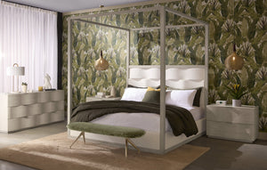 Sunpan Hoyos Canopy King Bed - Elegant Topaz Beige Upholstery with Unique Wood Grain & Character Details