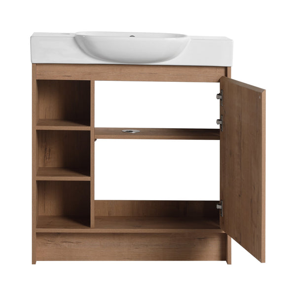 English Elm 30'' Freestanding vanity with white ceramic sink, soft-close doors, water-resistant melamine finish, modern handle design Imitative Oak W999P310754