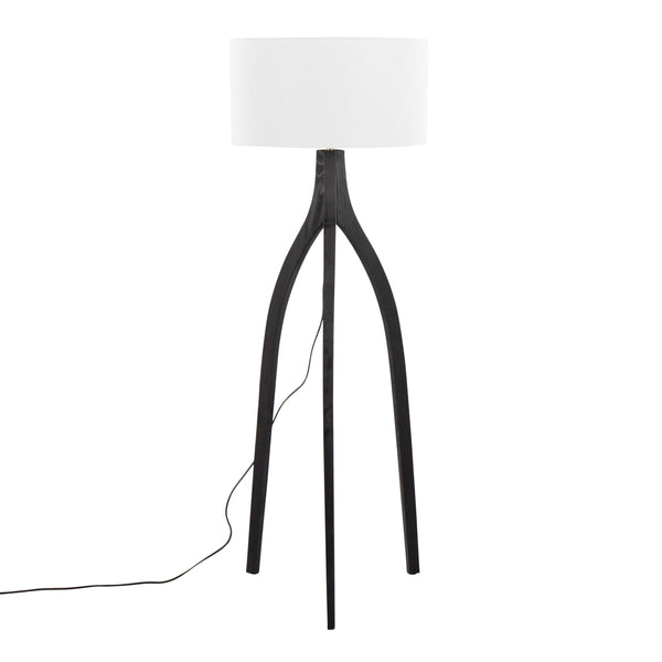 English Elm Wishbone Contemporary Floor Lamp with Linen Shade and Tripod Wood Base for Living Room Ambiance Black B202S01379