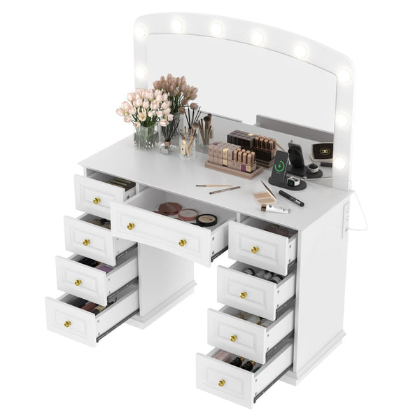 English Elm <old Sku Hollywood Vanity with 10 Bulbs 9 Drawers Cushioned Stool White Glam Bedroom N704G202308A