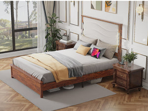 English Elm Queen Size Bed Frame with Upholstered Headboard, LED Lighting & USB Charging, Rivet Trim, No Box Spring Needed Beige W636P176805