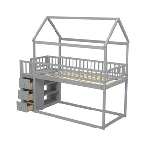 English Elm Twin/twin House Bunk Bed Solid Pine Playhouse Frame with Storage Drawers Shelves Grey W697S00033