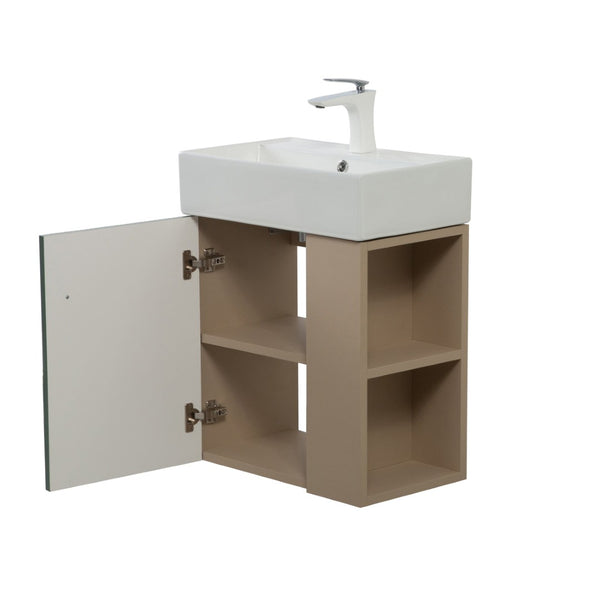 English Elm 21.6" Wall Mounted Sage Green Vanity Base with Open Right Shelf and Gold Hardware W1920P446815