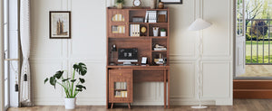 English Elm Computer Desk with Rotating Extension Panel Walnut Finish Glass Cabinets Home Office N733S363716D