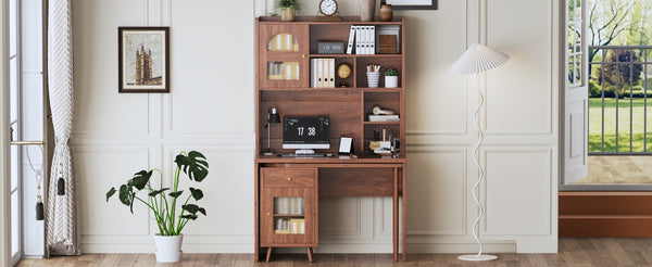 English Elm Computer Desk with Rotating Extension Panel Walnut Finish Glass Cabinets Home Office N733S363716D