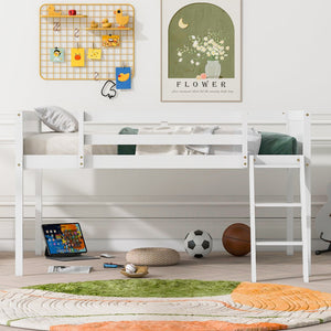 English Elm Full Low Loft Bed Pine Wood with Ladder & Guardrails, Space-Saving Play Area, Secure 350lb Capacity White WF531952AAK