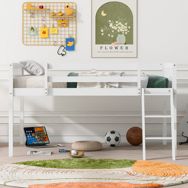 English Elm Full Low Loft Bed Pine Wood with Ladder & Guardrails, Space-Saving Play Area, Secure 350lb Capacity White WF531952AAK
