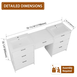 English Elm 72" Freestanding Bathroom Vanity With Resin Sink & Side Cabinet - Modern Glossy White Design, Ample Storage Options W999S00437