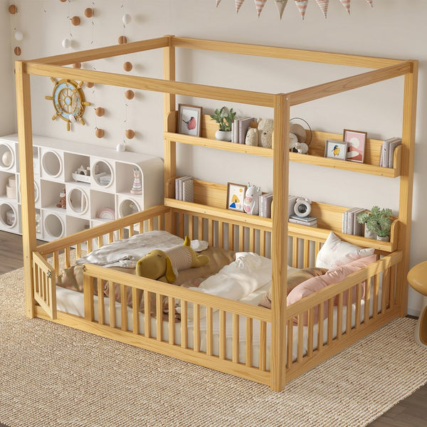 English Elm Full House Floor Bed with Door and Guardrails for Kids, Solid Wood Double Full, Safe Play Nook Natural W1580P359334