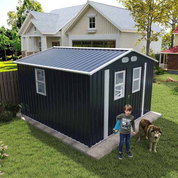 English Elm Outdoor Metal Storage Shed 8x8 Ft with Four Windows and Lockable Double Doors Dark Gray W1598S00041