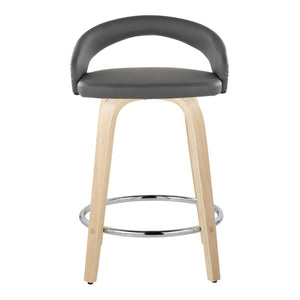 English Elm Fixed-height Swivel Counterstools Natural Wood Frame Grey Faux Leather Chrome Footrest Pair B202S01757