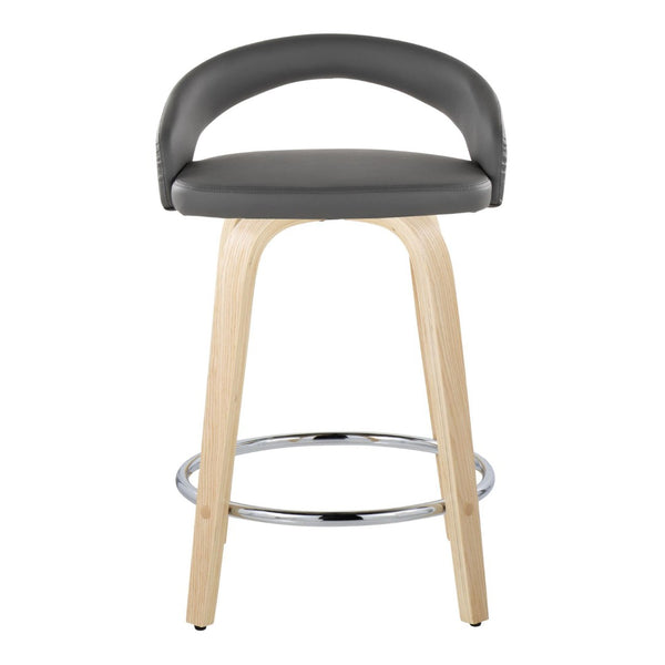 English Elm Fixed-height Swivel Counterstools Natural Wood Frame Grey Faux Leather Chrome Footrest Pair B202S01757