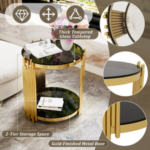 English Elm Modern Round Mirrored Glass End Table with Gold Metal Frame and Lower Display Shelf Black N735P380092B