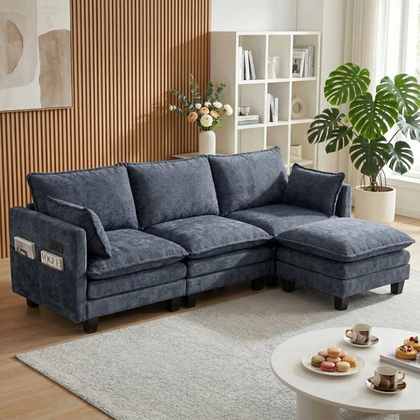 English Elm Modern Chenille Three Seat Sofa with Ottoman Usb Charging Ports and Storage Pockets Blue W2519S00004