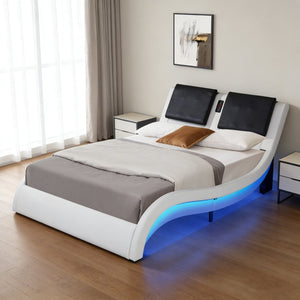 English Elm Faux Leather Queen Platform Bed with Rgb Lighting Bluetooth Speaker Massage Headboard W2297S00027