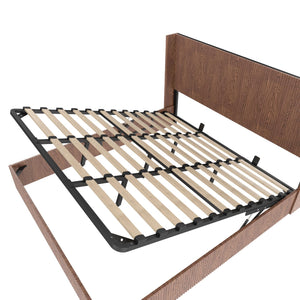 English Elm Large Walnut Grooved Lift Storage Bed King - Rustic Slatted Wooden Platform with Dual Hydraulic Lift and Stainless Steel Reinforced Headboard W1858S00004