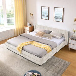 English Elm King Chenille Upholstered Platform Bed with Storage Drawers and Structured Headboard Beige W487S00414