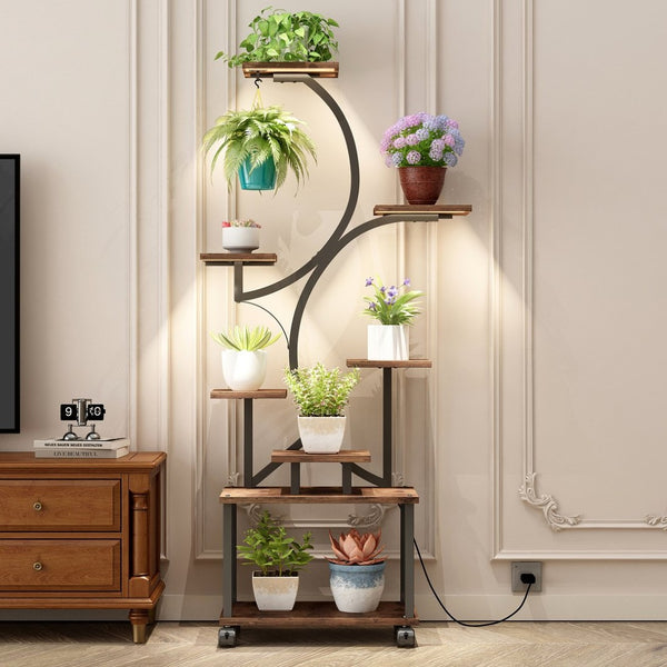 English Elm Plant Stand with Full Spectrum Grow Lights 8 Tier S Shaped Iron Corner Display Rack Black+Brown W2641P446499