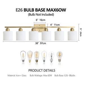 English Elm 6 Light Coppery Vanity Fixture 38" Brushed Gold Metal 6-Bulb Bath Sconce with Milky Shades, Dimmable W2312P374858