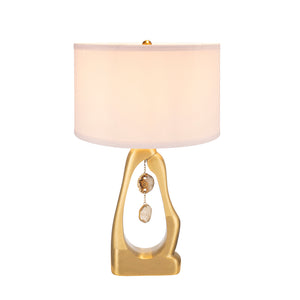 English Elm D16x27.5" Gold Geode Shaped Table Lamp with White Drum Shade, Hanging Agate Accents, Modern Chic W2078P395555