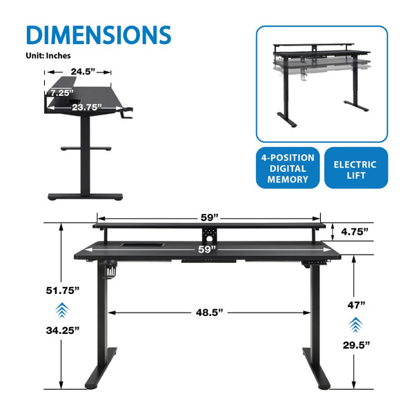 OSP Home Furnishings Primo Electric Standing Desk with Monitor Shelf Steel Frame and Built-in Cable Management PMO6024GD-BCF