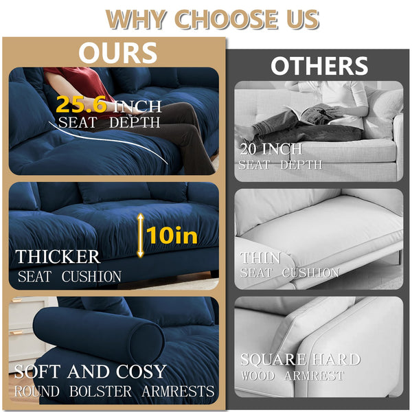 English Elm U Cloud Sectional Sofa with Movable Ottomans, Deep Velvet 4‑Seat Convertible Corner Couch, Plush Support and Bolster Arms Blue W714S01121