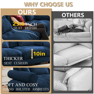 English Elm Extra oversized 3-seat velvet sofa with cloud-like cushions, deep seating, bolster arms and pillows for luxe comfort and support Blue W714S01116