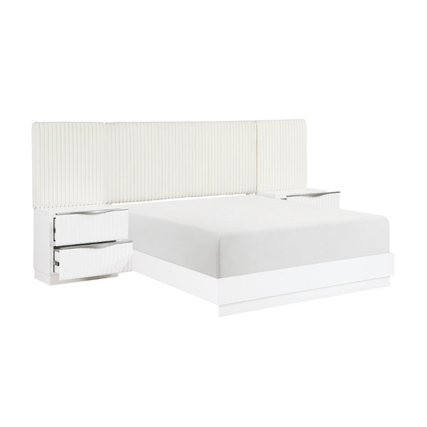 English Elm Luxurious Pearl White California King Bedroom Set with Faux Fur Headboard Wall Panel B011S02281