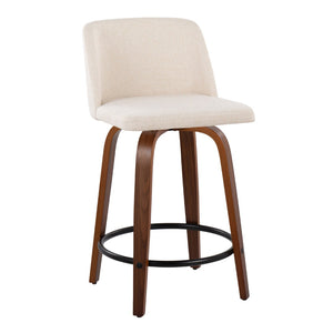 English Elm Toriano 24" Mid-Century Modern Swivel Counter Stools In Walnut Wood & Cream Fabric - Set Of 2 B202S00111-GIGA