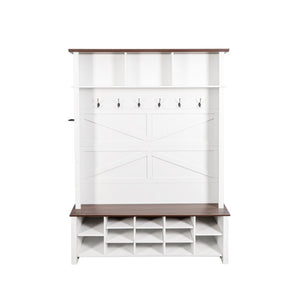 English Elm Farmhouse Hall Tree Entryway Organizer with Bench 16 Compartments and 6 Coat Hooks N721S000064K
