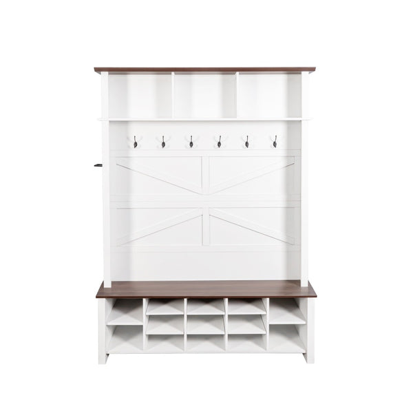English Elm Farmhouse Hall Tree Entryway Organizer with Bench 16 Compartments and 6 Coat Hooks N721S000064K
