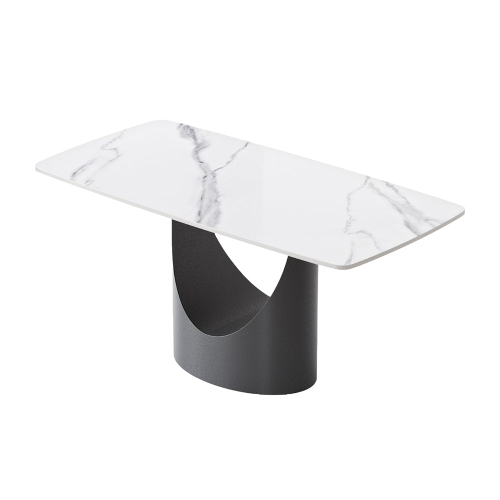 English Elm 63" Modern Sintered Stone Dining Table With Curved White Panel & Black Iron Legs - Seats 6-8 People! W1535S00558
