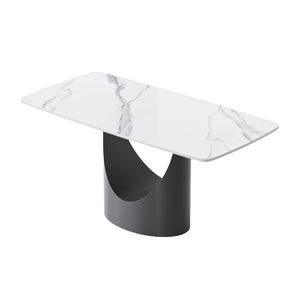 English Elm 63" Modern Sintered Stone Dining Table With Curved White Panel & Black Iron Legs - Seats 6-8 People! W1535S00558