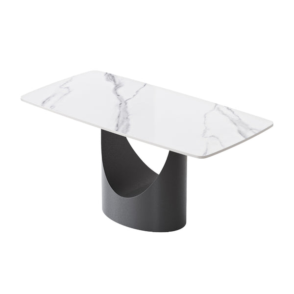 English Elm 63" Modern Sintered Stone Dining Table With Curved White Panel & Black Iron Legs - Seats 6-8 People! W1535S00558