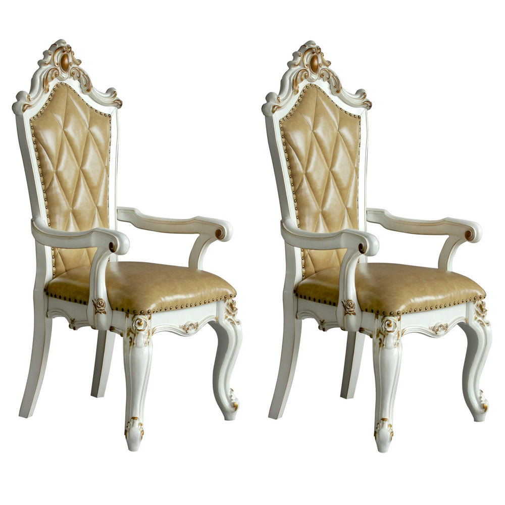 English Elm Butterscotch Tufted Arm Chairs Set of 2 – Antique Pearl Finish, Queen Anne Legs, Scalloped Apron Elegance B062P186414