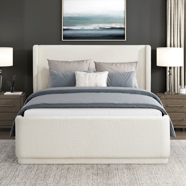 English Elm Beige Wingback Queen Platform Bed with Textured Upholstery, Plywood Frame, Slats Included, No Boxspring Necessary B011S01795